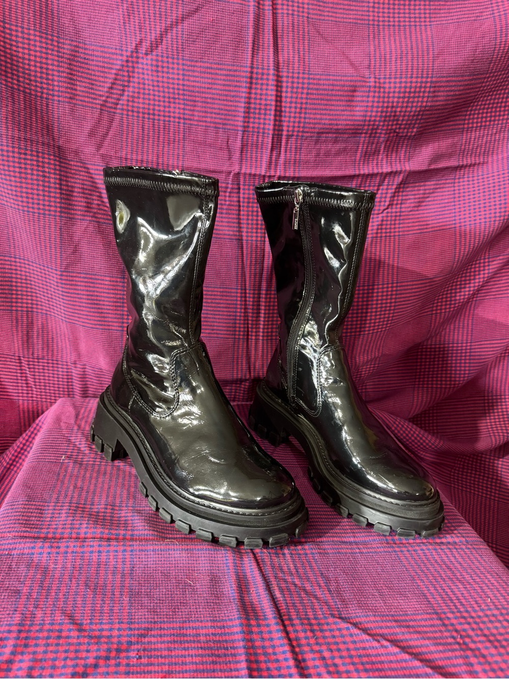SCHUTZ Glossy Black Platform Lug-Heel Mid-Calf Boots